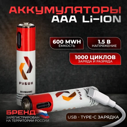 Аккумулятор LI-ION размер ААА 1,5 В 600mWh USB Type C 2шт/блистер с кабелем
